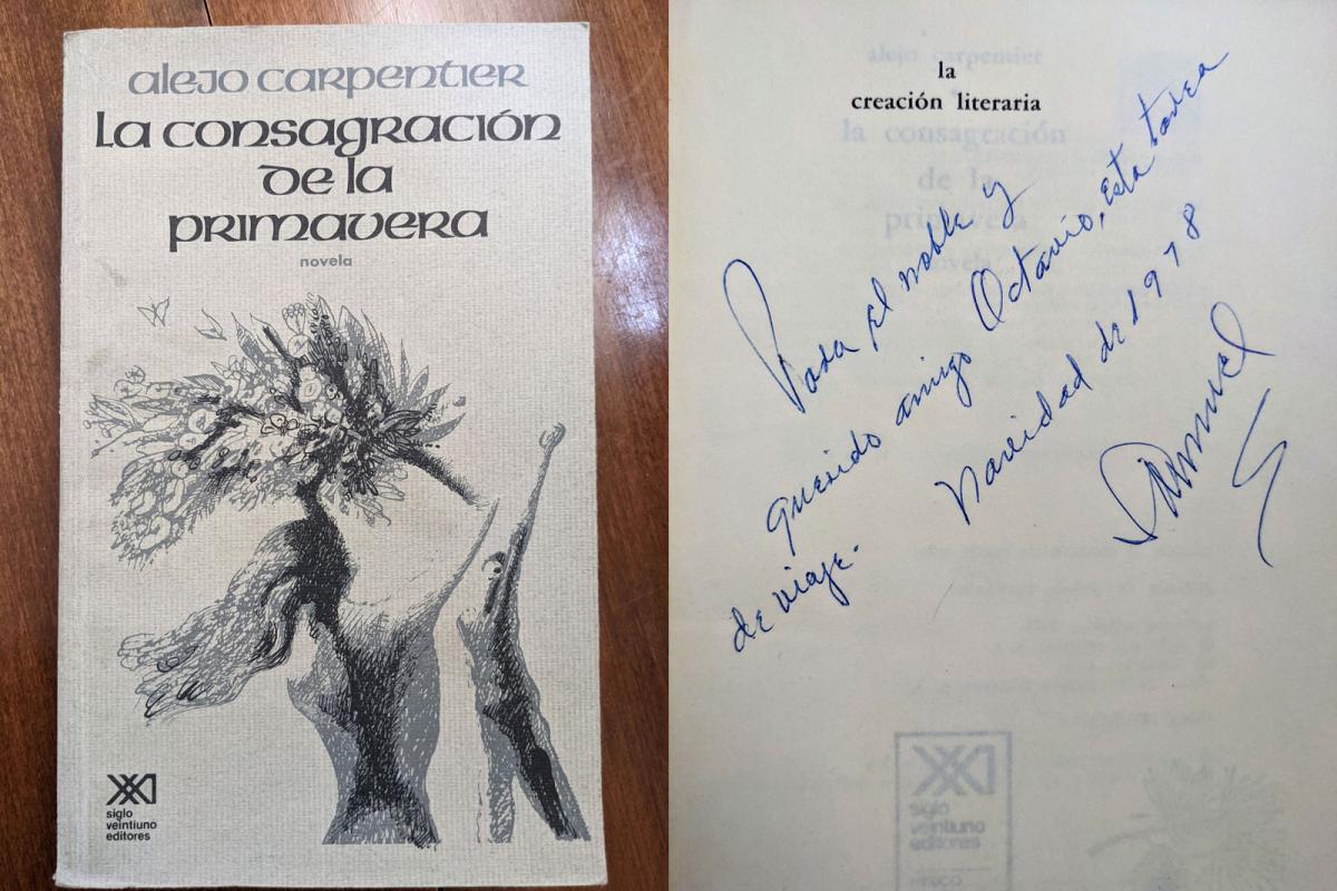 Front cover and inside dedication found in Joseph Hiller's copy of Alejo Carpentier's La consagracion de la primavera