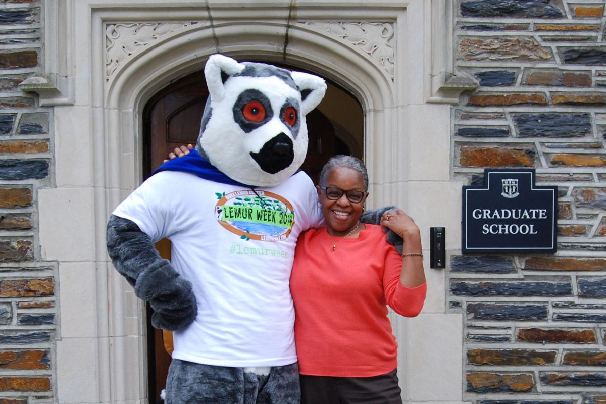 Jacqueline Looney with Duke Lemur Center mascot