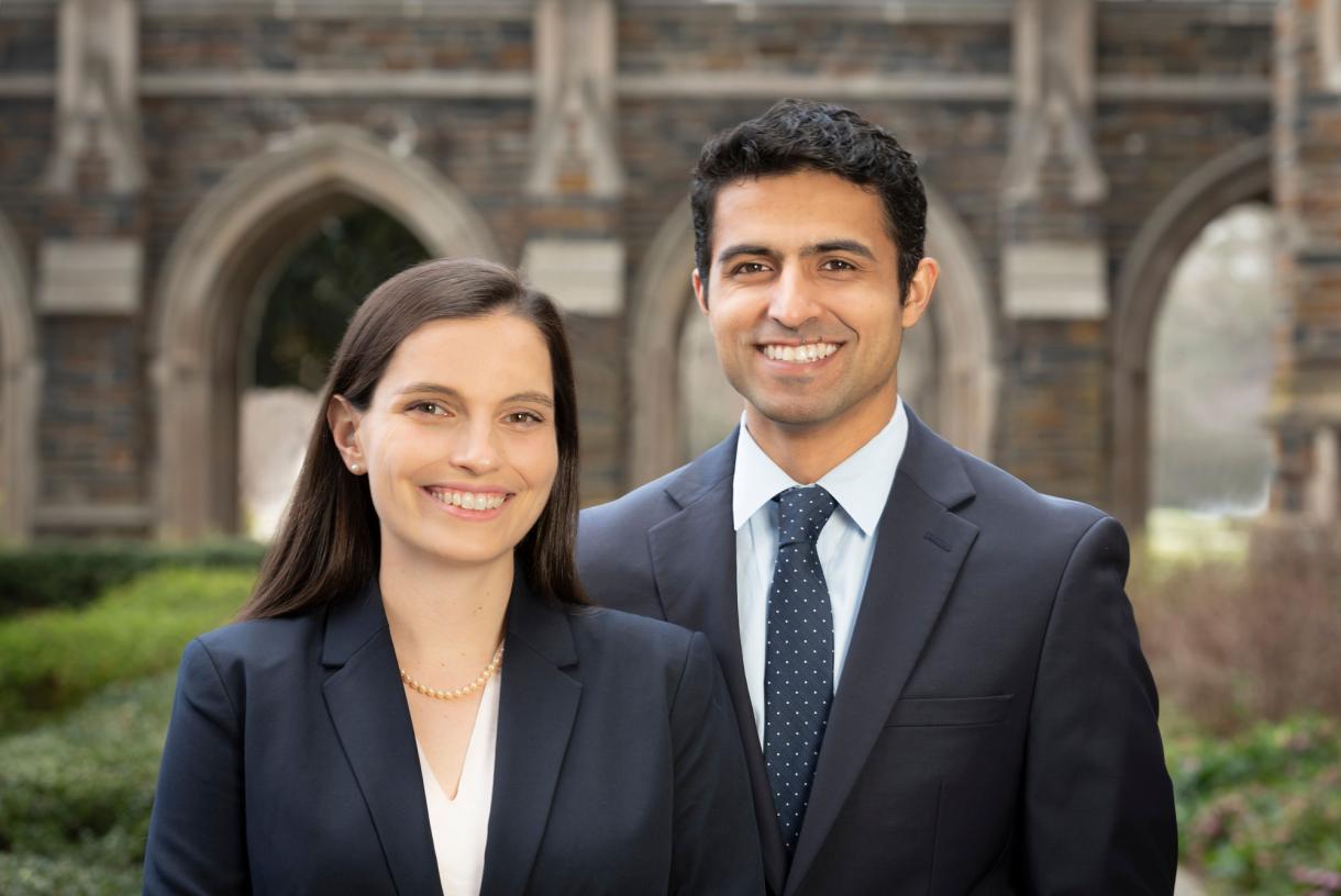 Rebecca Gibson (left) and Bijan Abar (right) smile for a photo.