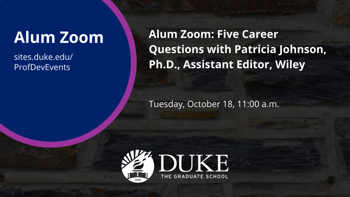 A graphic for the "Alum Zoom: Five Career Questions with Patricia Johnson, Ph.D., Assistant Editor, Wiley" on Tuesday, October 18.