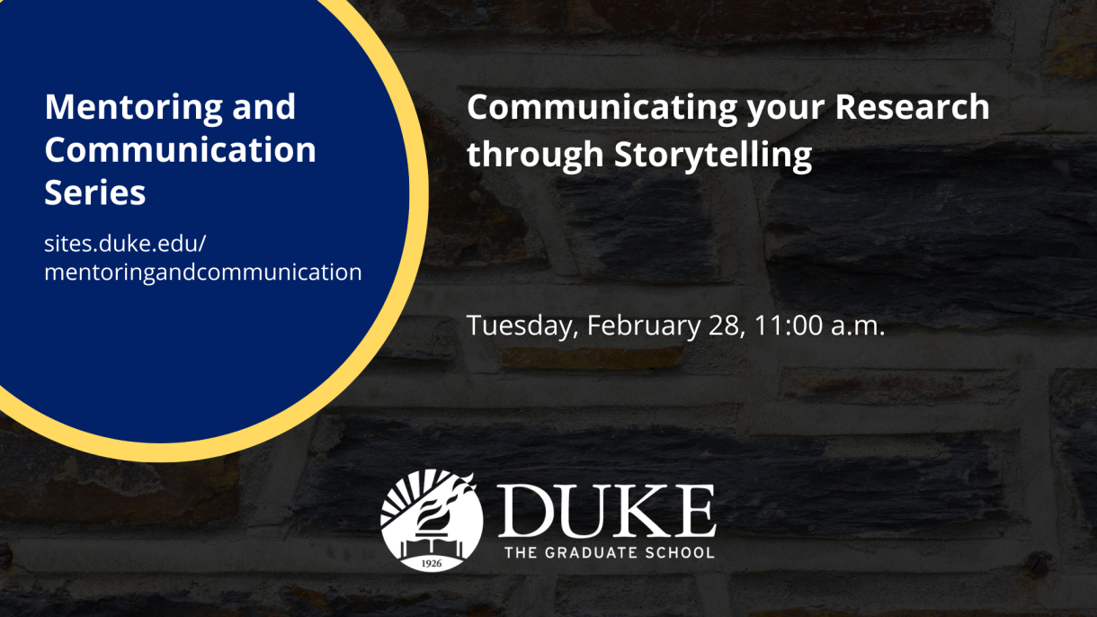 A graphic for the "Communicating your Research through Storytelling" event on February 28, 2023.