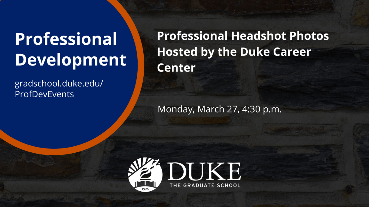 A graphic for the "Professional Headshot Photos Hosted by the Duke Career Center" event on March 27, 2023.