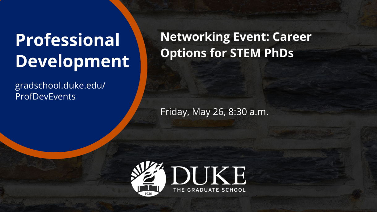 A graphic for the "Networking Event: Career Options for STEM PhDs" event on May 26, 2023.