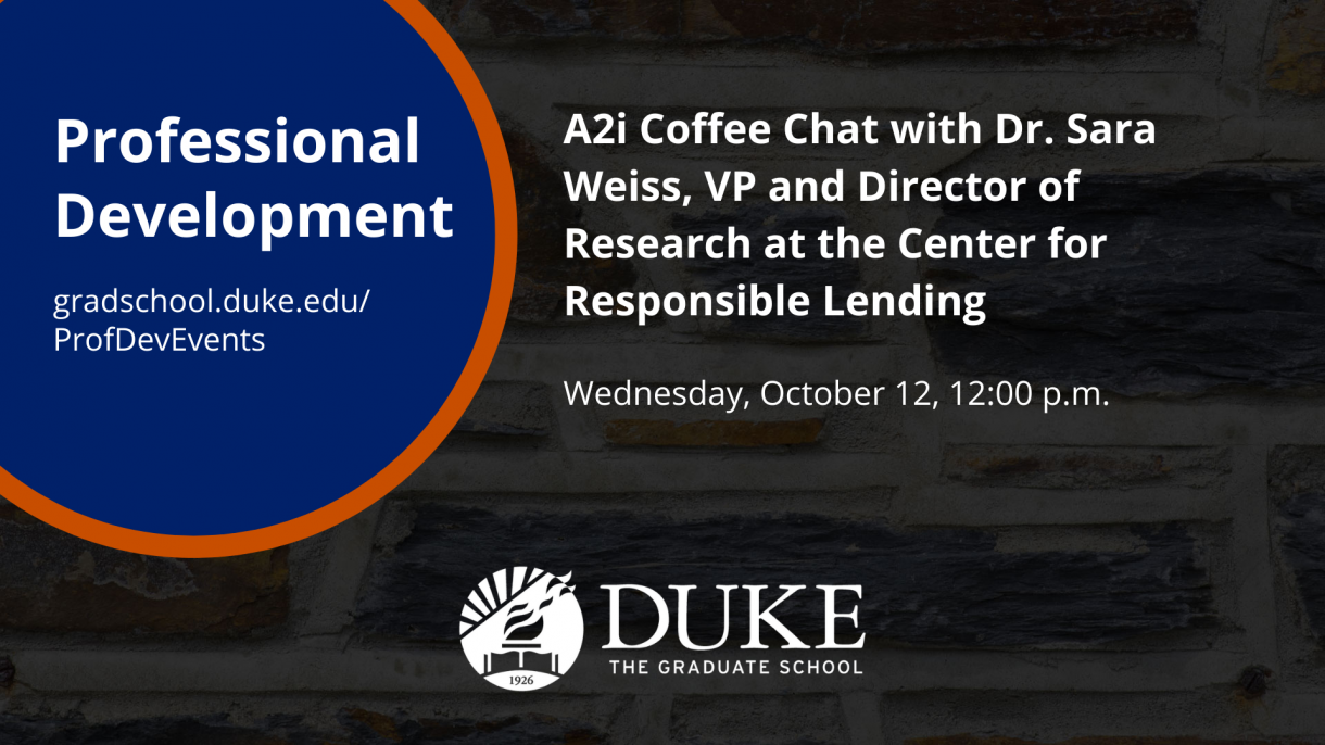 A graphic for the "A2i Coffee Chat with Dr. Sara Weiss, VP and Director of Research at the Center for Responsible Lending" event on October 12.