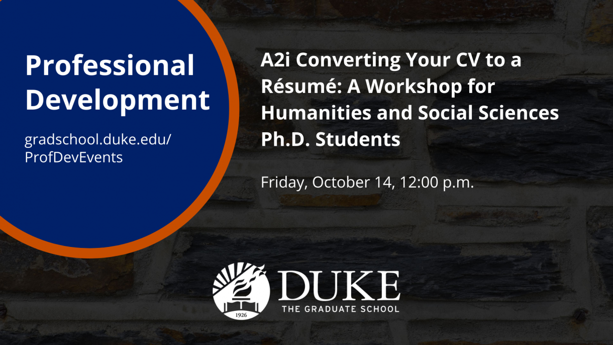 A graphic for the "A2i Converting Your CV to a Résumé: A Workshop for Humanities and Social Sciences Ph.D. Students" event on October 14.