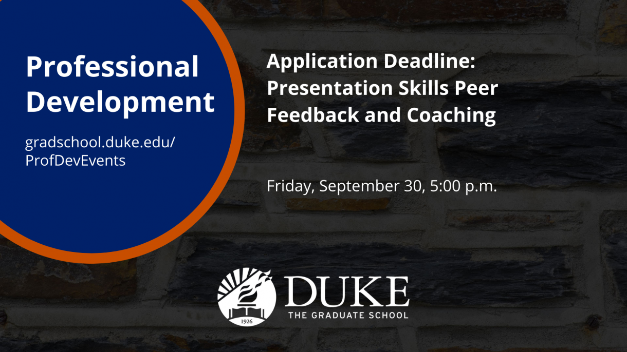 A graphic for the "Application Deadline: Presentation Skills Peer Feedback and Coaching" on Sept. 30.