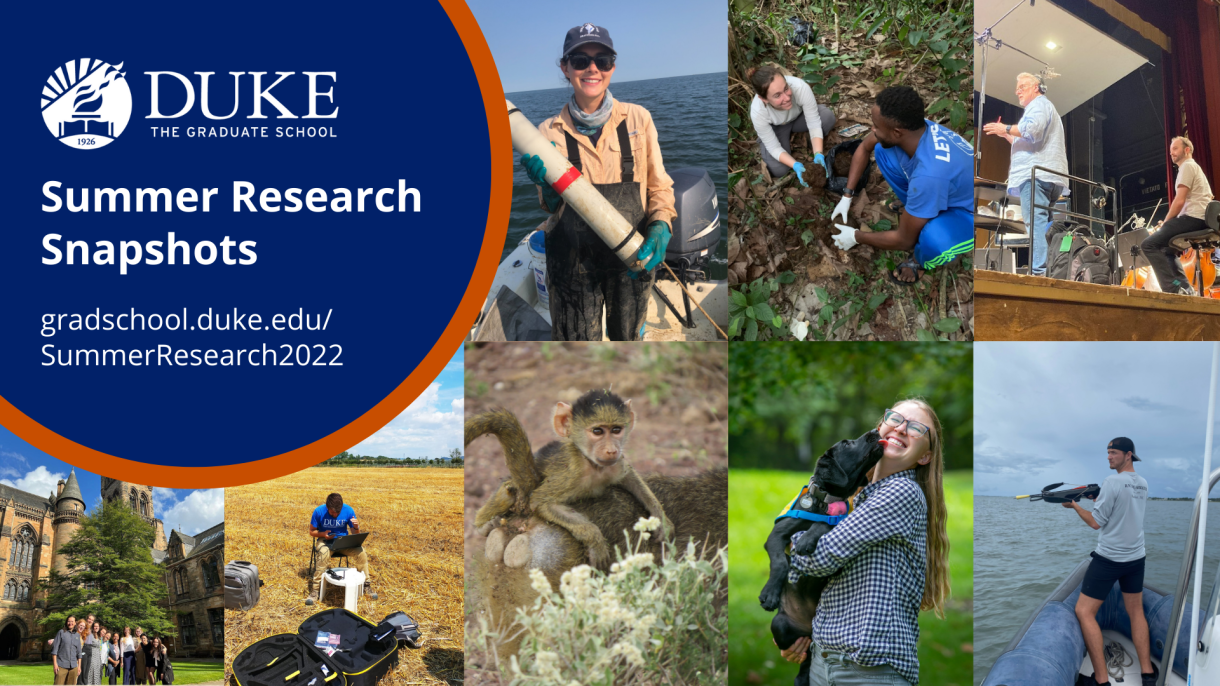 A graphic for the 2022 "Summer Research Snapshots," depicting photos from the article of recipients activities over the summer.