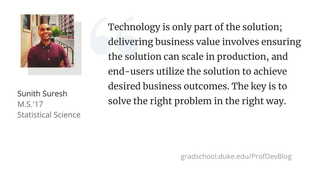 "Technology is only part of the solution; delivering business value involves ensuring the solution can scale in production, and end-users utilize the solution to achieve desired business outcomes. The key is to solve the right problem in the right way."