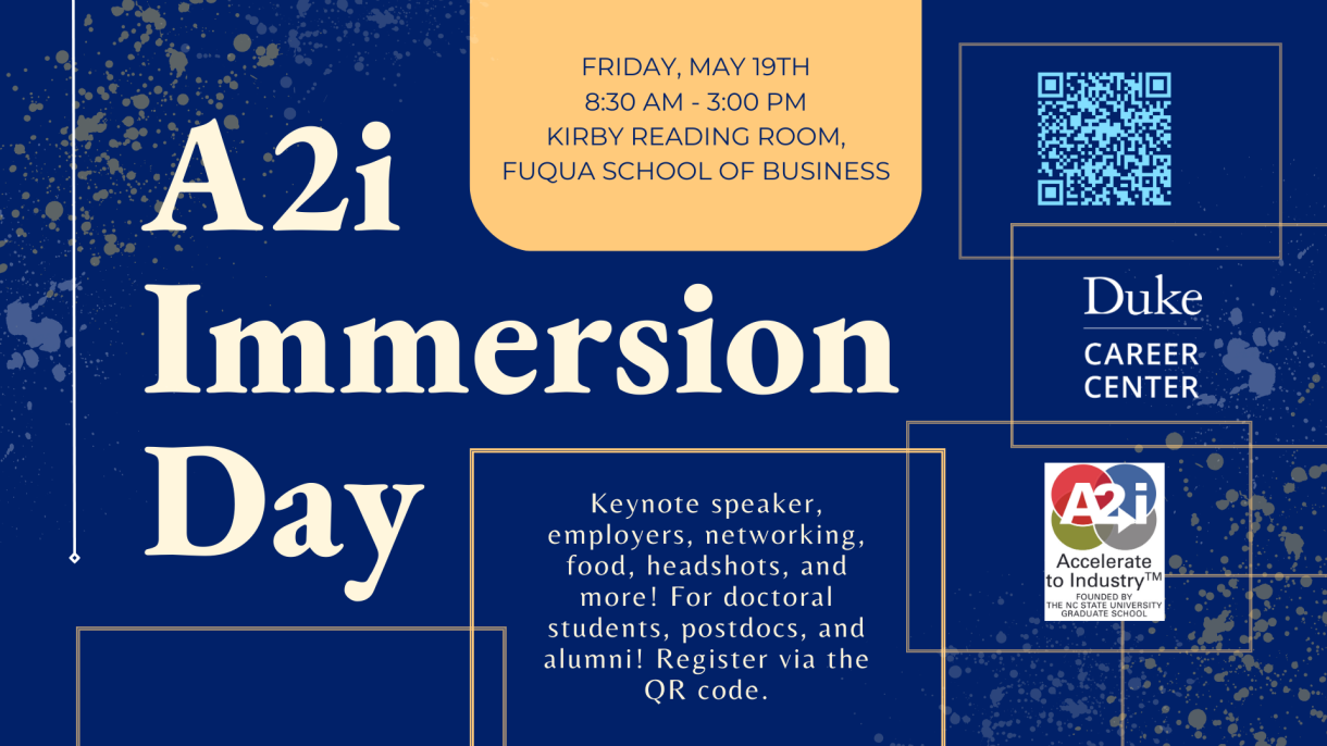 A2i Immersion Day 2023, May 19, 8:30 am to 3:00 pm, Kirby Reading Room, Fuqua School of Business