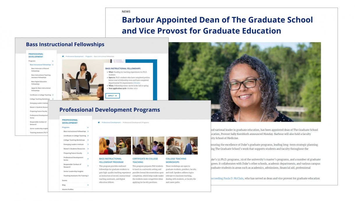 Screenshots of three pages on the new Graduate School site