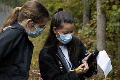 Caroline Shearer helps a student as she inputs her observations for Primate Field Biology.