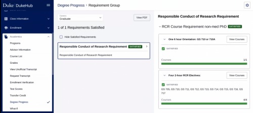 Screenshot of DukeHub to illustrate how to check RCR credits