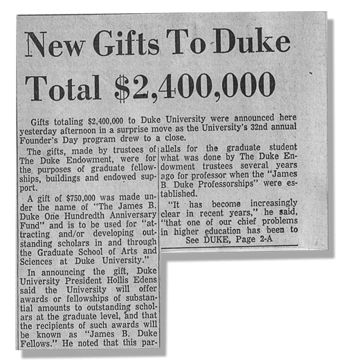 1956 newspaper story titled "New Gifts To Duke Total $2,400,00." 