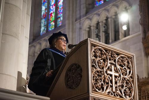 Dean McClain addresses graduates in Duke Chapel in May at her final Ph.D. Hooding Ceremony as dean.