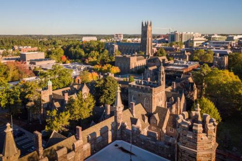 Aerial view of Duke campus featuring Duke Chapel