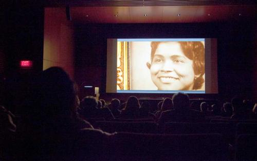 A 2014 documentary about Ida Stephens Owens's time at Duke is playing in a theater.